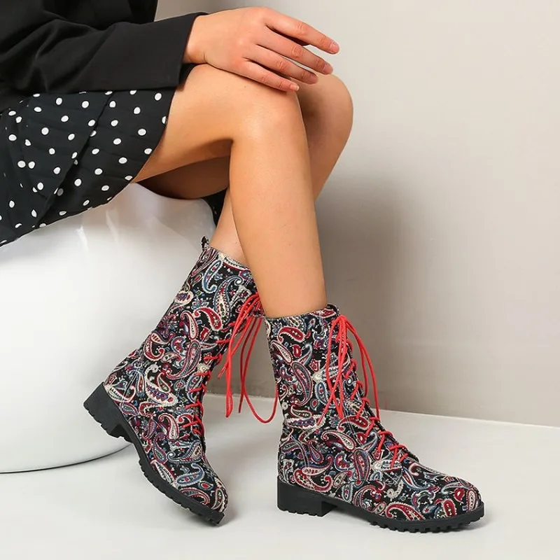 

2020 Women Lace Up Boots Flower Print Ankle Fashion Round Toe Ladies Sexy Boots Mid Heel Shoes Women Black