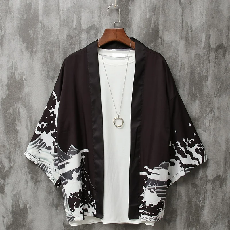 

Japanese Kimono Cardigan Men Women Obi Male Yukata Men'S Haori Japanese Wave Carp Print Coat Traditional Japan Clothing KK3791