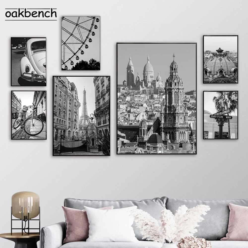 Постер на холсте "Paris City Building Art Painting Ferris Wheel" в черно-белых тонах с современными изображениями для декора гостиной.