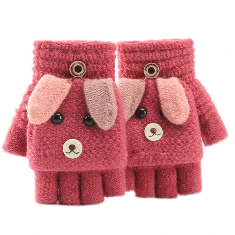 

Kids Winter Warm Convertible Flip Top Gloves Cartoon Dog Knitted Plush Mittens H9ED