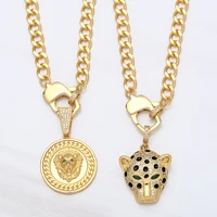 trendy copper gold plated cuban chain clasp round lion necklace zircon enamel leopard head pendant choker wholesale jewelry gift