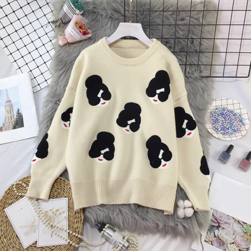 

Korean Ladies Sweatersknitted Cartoon Printed Women's Sweater Loose Warm O-Neck Female Pullovers 2021 Girl Winter Korean School
