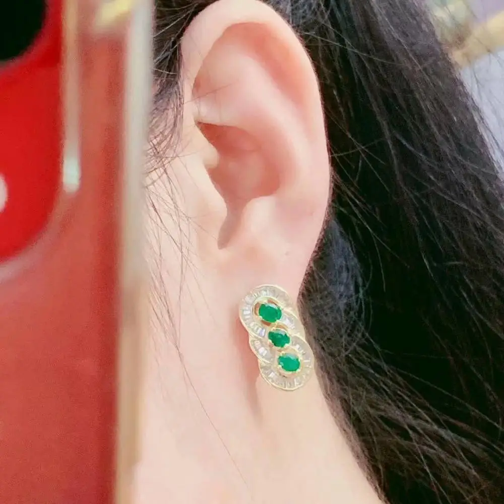 

SHILOVEM 925 sterling silver real Natural Emerald stud earrings classic fine Jewelry new gift wedding de0304811agml