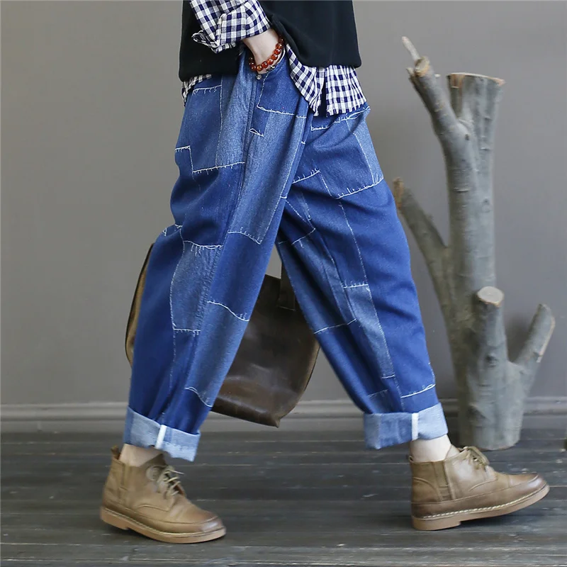 Женские Лоскутные штаны-шаровары с эластичной талией в стиле ретро хлопковые