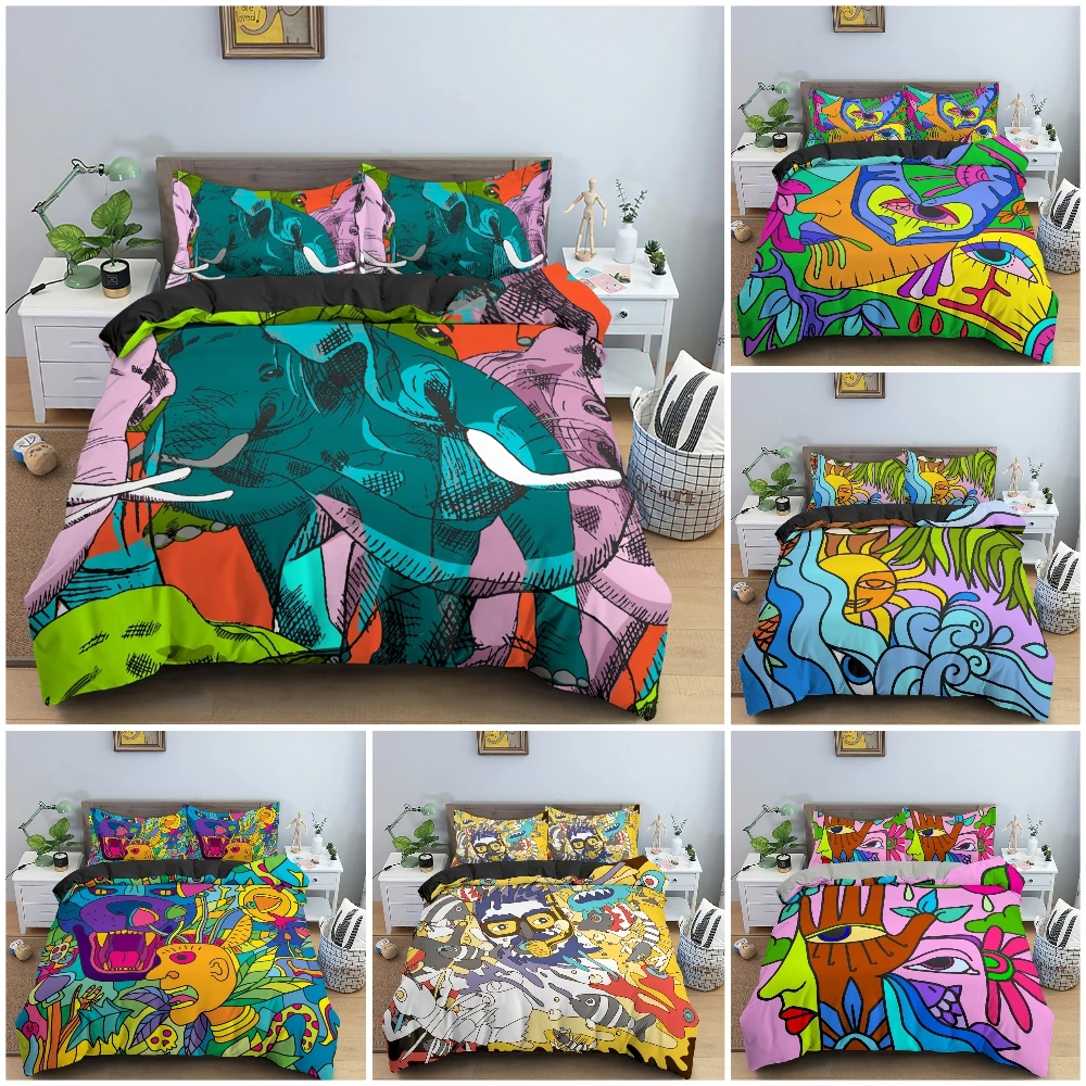 

Psychedelic Style Bedding Set Abstract Cartoon Graffiti Duvet / Comforter Cover King Queen Twin Bedclothes Bedroom Decor 2/3PCS