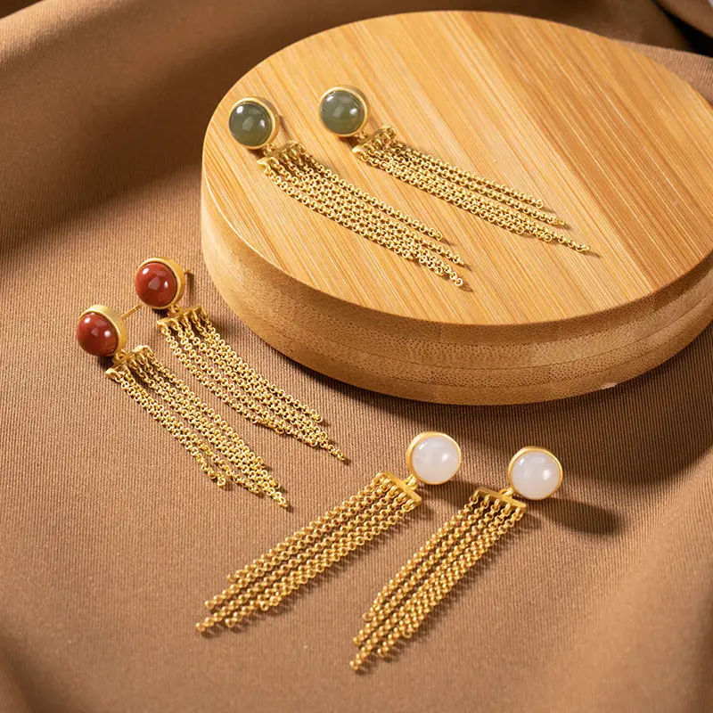 

Серьги-кисточки из натурального халцедона в китайском стиле