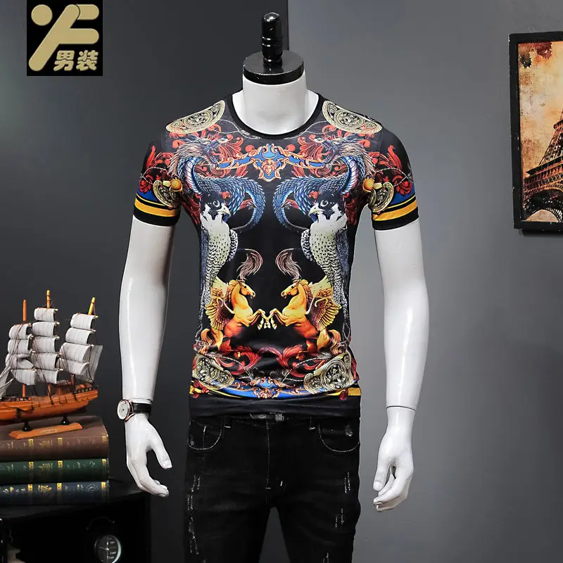 

Light Luxury 2021 Trend Fashion Short-sleeved T-shirt Male Korean Version of The Printed Pullover Blouse Loose Wild Half-sleeved