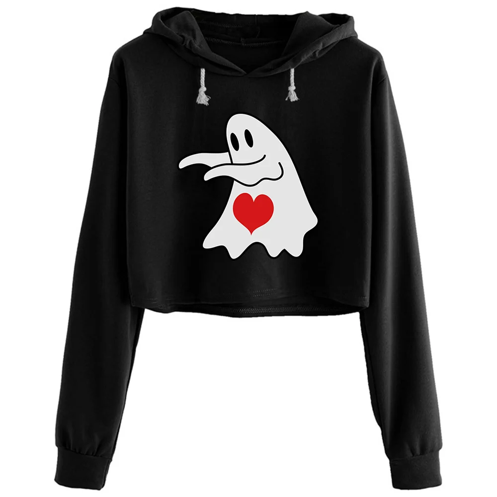 

Ghost With Love Heart Crop Hoodies Women Anime Emo Aesthetic Kpop Pullover For Girls