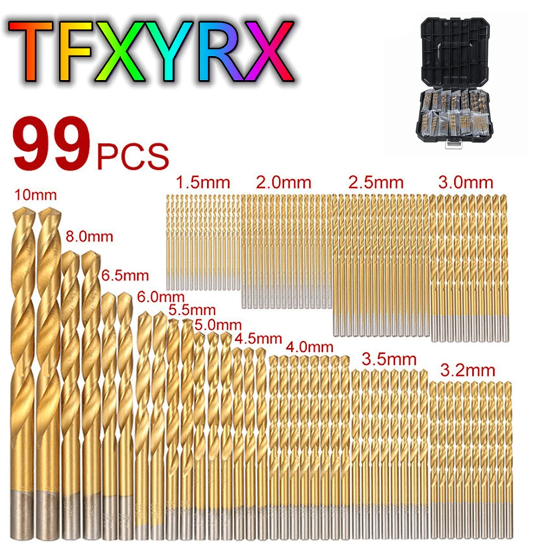 

99pcs HSS Titanium Plated 1.5-10mm Twist Drill Bit Set with Plastic Box