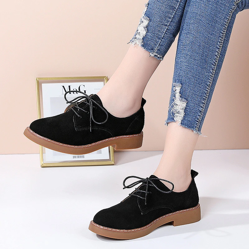 

2021 Spring Women Flats Shoes Women Sneakers Leather Suede Lace Up Boat Shoes Round Toe Flats Moccasins Oxford For Women