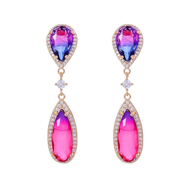 

Gradient Color Water Drop Dangle Earrings for Women Cubic Zirconia Temperament Exaggerated Eardrop Female Luxury Brand Earings