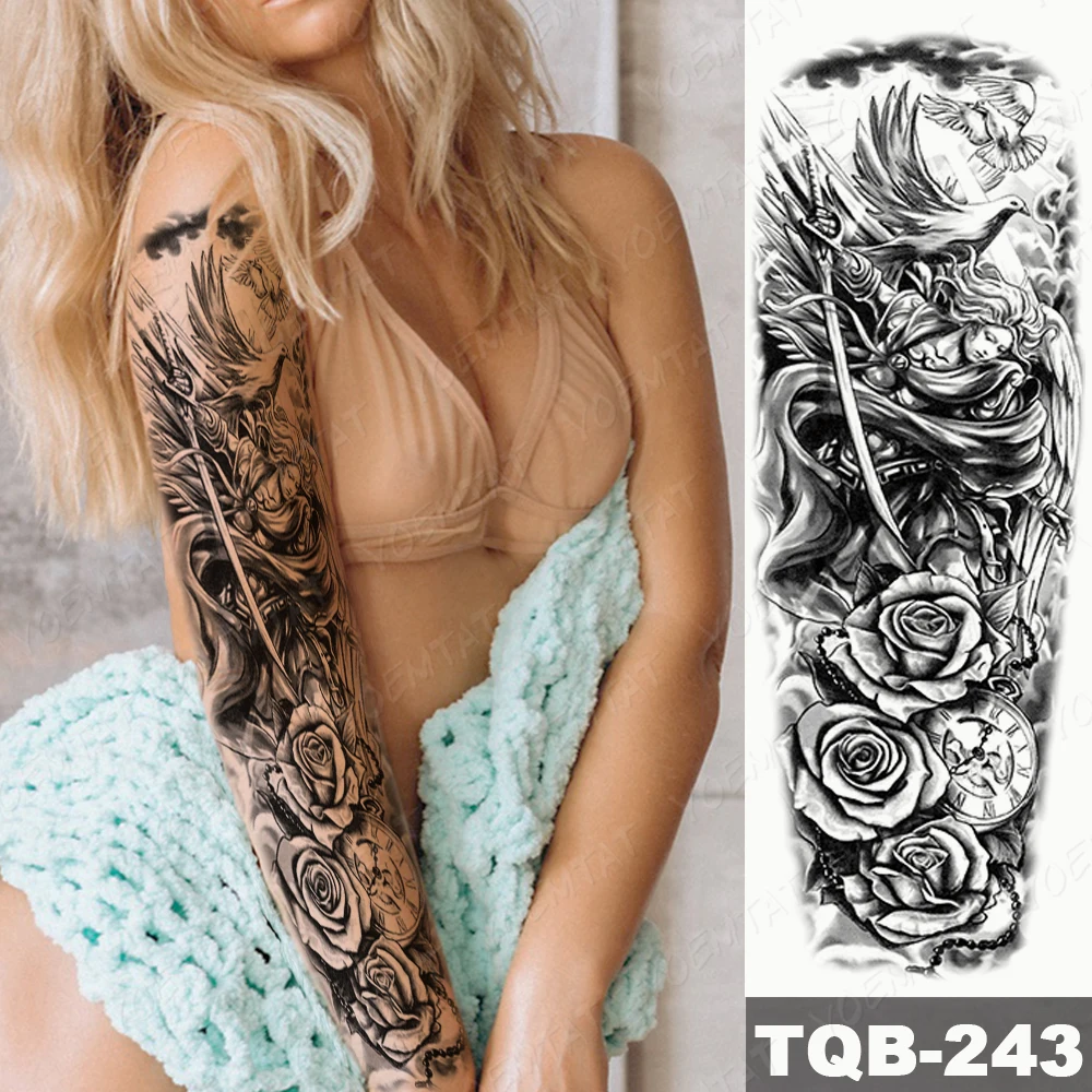 

Waterproof Temporary Full Arm Tattoo Sticker Brave Warrior God Skull Death Flash Tatoo Man Body Art Big Fake Sleeve Tatto Female