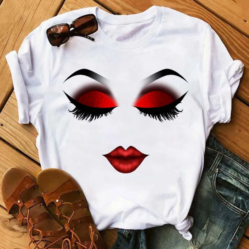 

Vogue Makeup Art Eyelashes Red Lips Print T Shirt Women y2k top Kawaii Tumblr Tshirt Streetwear Hipster Summer Top Woman Clothes