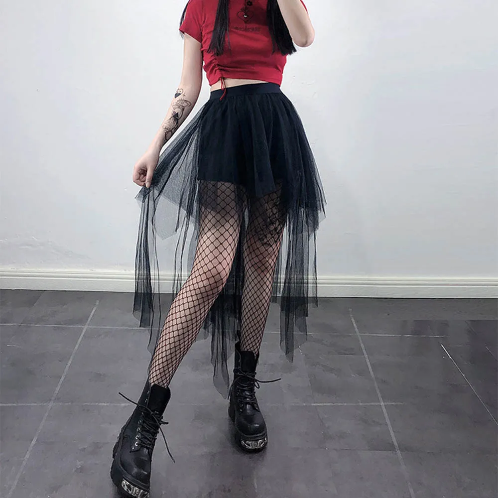 

Gothic Asymmetric Mesh Skirts Women Sexy Party Club Long Black High Waist Skirt 2021 New Fashion Summer Female Rock Hip Pop Chic