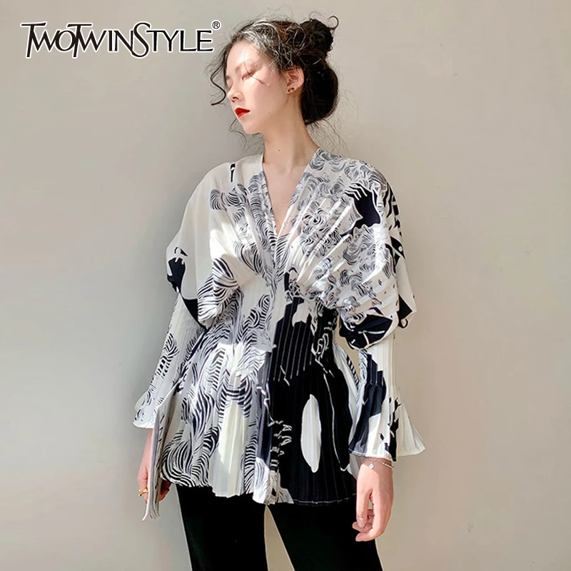

TWOTWINSTYLE Elegant Women Shirt V Neck Flare Long Sleeve High Wiast Pleated Blouses For Female Clothes Fashion 2022 Spring New