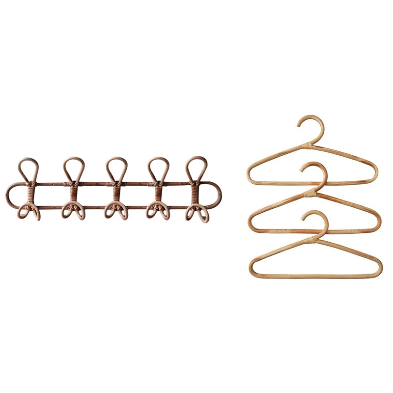 

1 Pcs Large Vintage Rattan Clothes Hanger Wall Hooks & 3 PCS Rattan Clothes Hanger