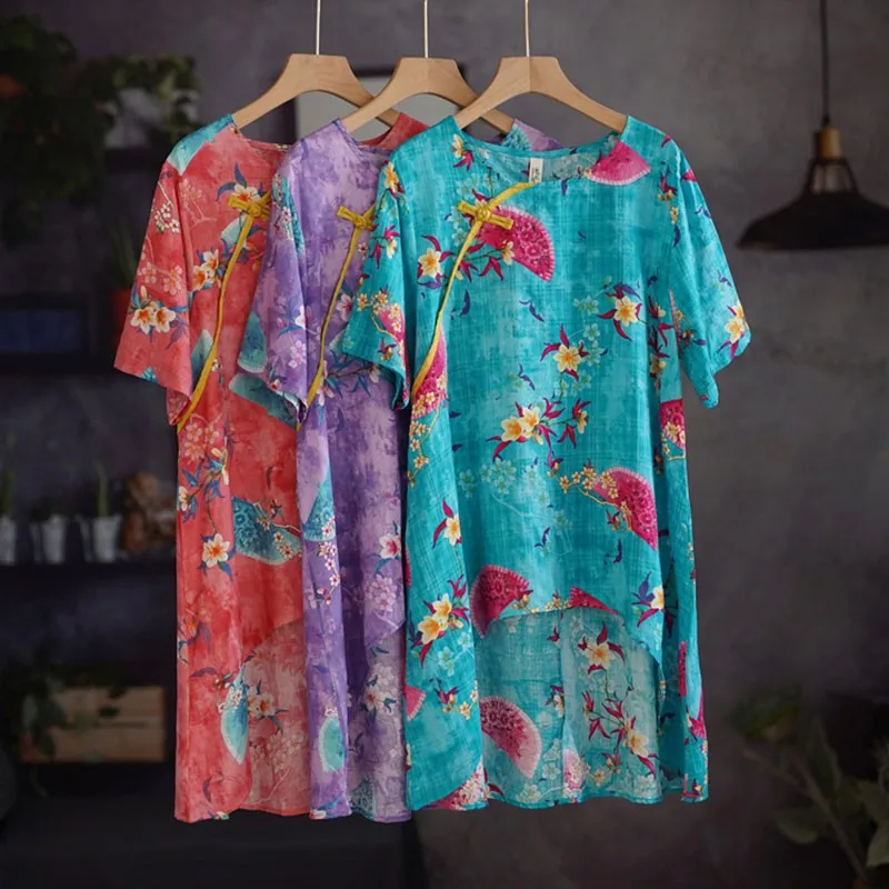 

Women Cotton Linen Casual Long T-shirts New Arrival 2021 Summer Simple Style Vintage Floral Print Loose Female Tops Tees S3428