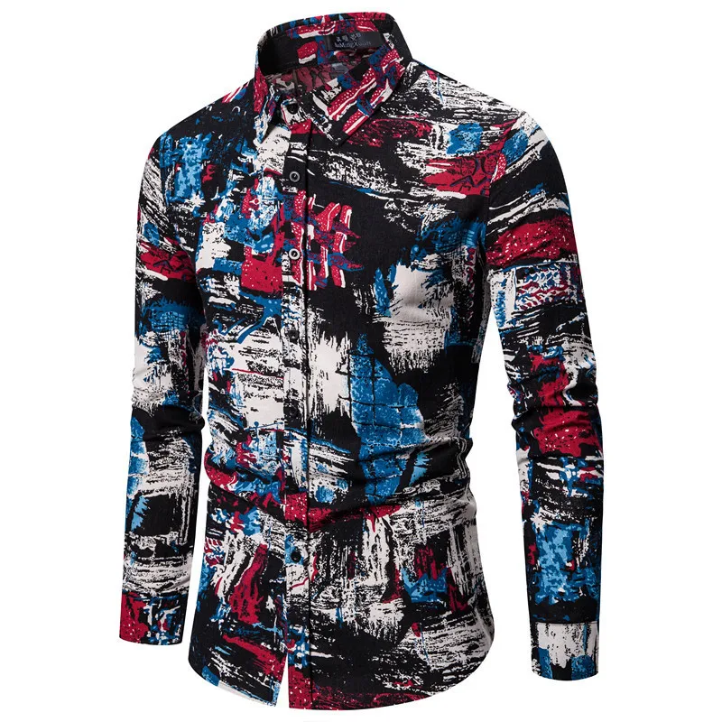 

Men's Cotton Shirt Long Sleeve Turn Down Collar Cardigan Shirt With Floral Print Casual Single-Breasted Slim Type Tops
