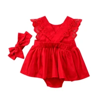 summer newborn baby girls bodysuit dress sleeveless cotton lace jumpsuit bow hair band red clothes set for girl