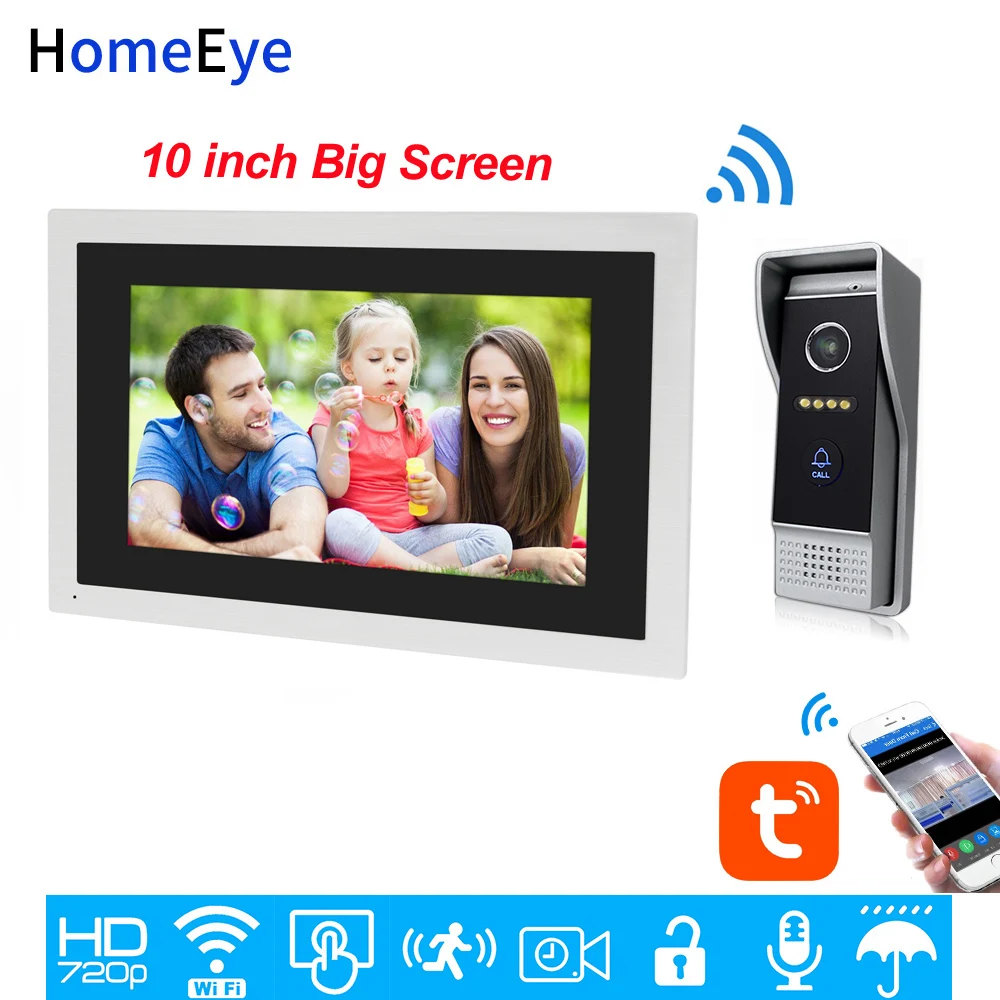 TuyaSmart APP Remote Unlock 720P HD WiFi IP Video Door Phone Video Intercom Home Access Control System 10inch Big Touch Screen