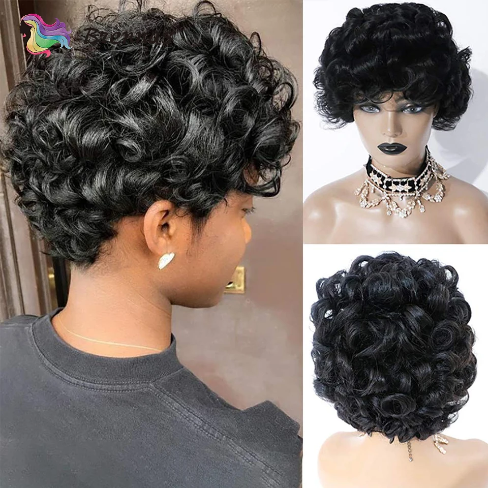 

Curly Short Bob Pixie Cut Glueless Cheap Machine Made Human Hair Wigs With Bang For Black Women 100% Remy Brazilian Hair