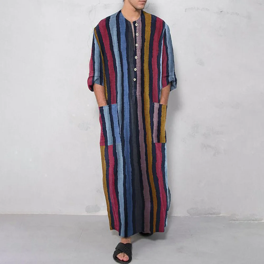 

2021 New Autumn Men's Robe Casual Fashion Ethnic Muslim Style Striped Printing Long-sleeved Round Neck Straight And Nude