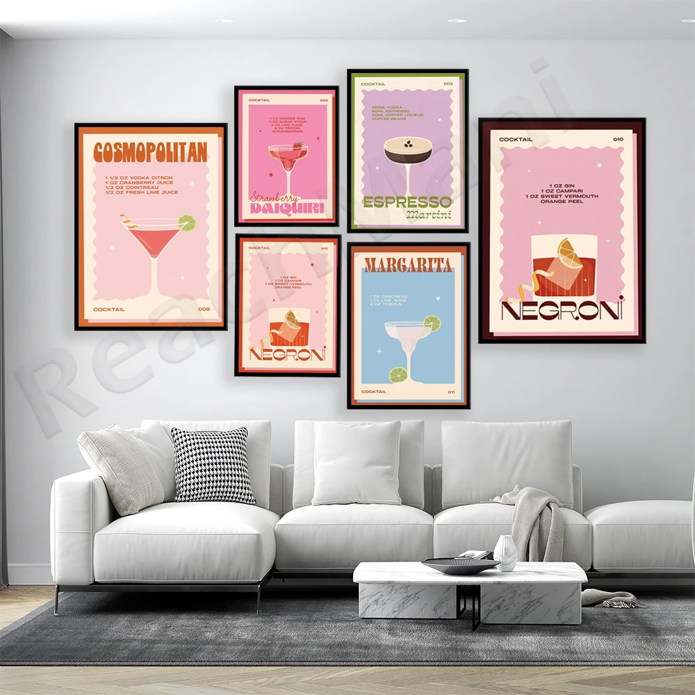 

Vintage Cocktail Espresso Martini, Margarita Stock Illustration Print Wall Art Poster Bar Kitchen Gift | Colored Alcohol Coffee
