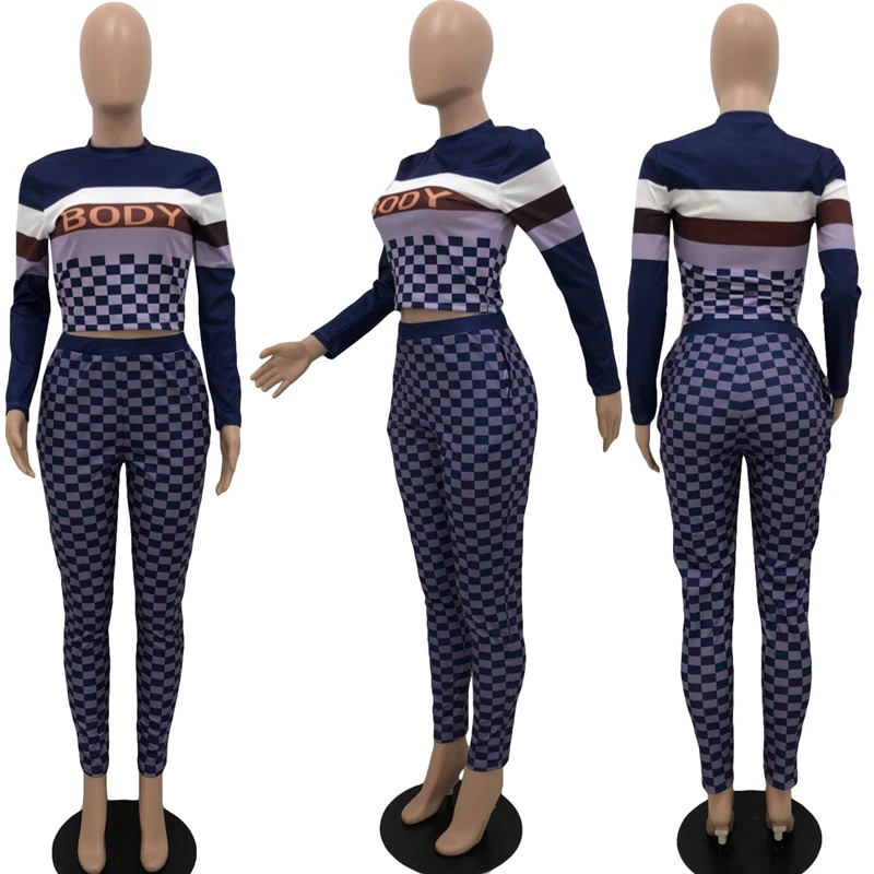

VS&LLWQ Fashion Fall Plaid Womens 2 Piece Sets Outfits Long Sleeve Crop Tops+Pants Matching Sets Sweat Suit Woman Tracksuits