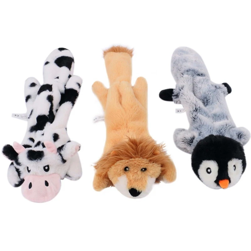 

3 Pcs Cute Long Cow/Lion/Penguin Shape Dog Chew Molar Toy Gnawing Sound Doll