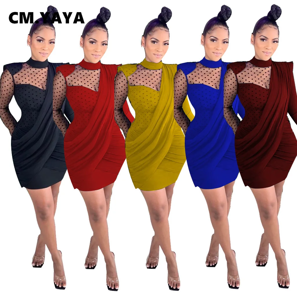 CM.YAYA Women Autumn Mesh See Though Bodycon Midi Dress Long Sleeve Pencil Bandage Drapped Sexy Party Night Club Dresses | Женская