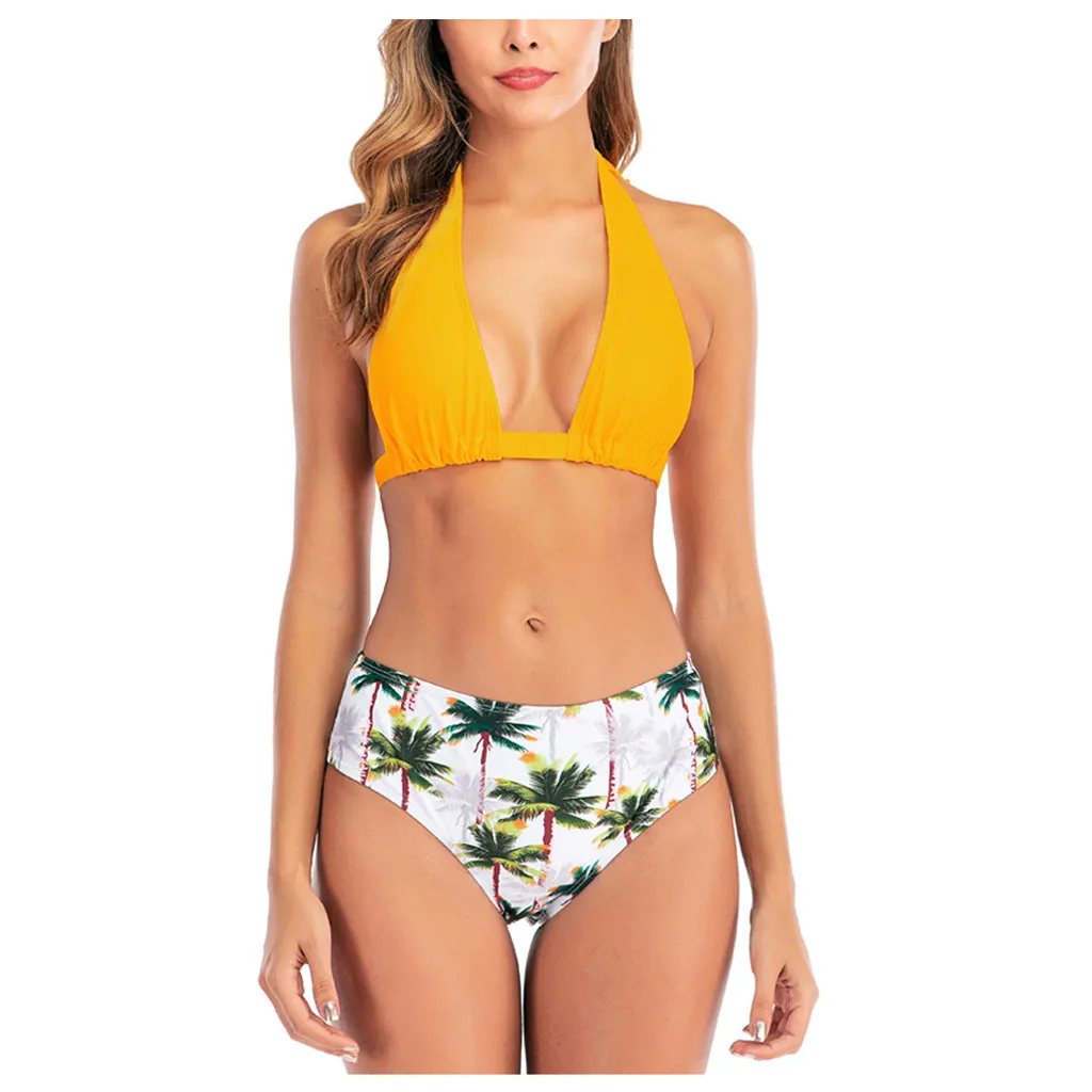 Женский комплект бикини с принтом и завышенной талией бандажный купальник пуш-ап