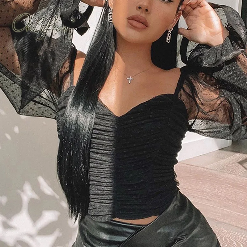 Женская шифоновая блузка Ordifree в горошек с длинным рукавом летняя 2021 | одежда