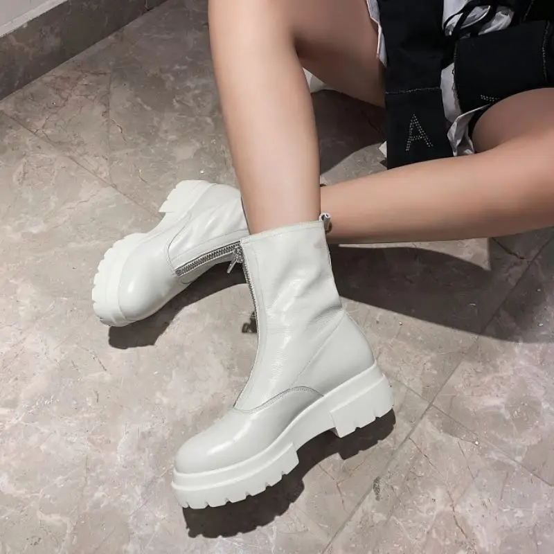 

RIZABINA Real Leather Women Short Boots Fashion Platform Zipper High Heel Winter Shoes Woman Warm Office Footwear Size 34-40