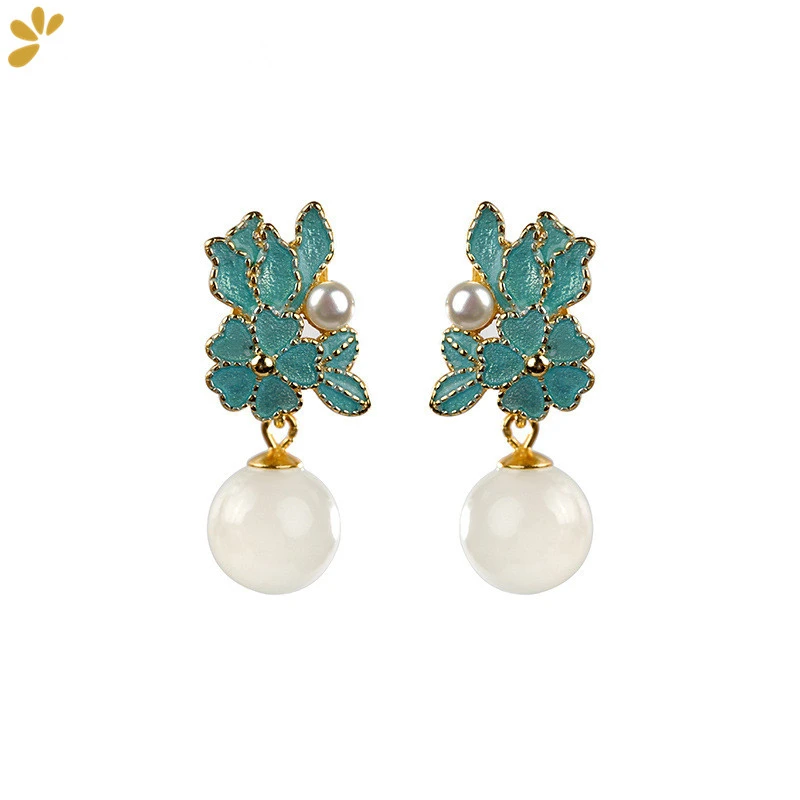 

925 Sterling Silver Jewelry Hetian Jade Gold Plated Stud Earrings for Women Enamel Cloisonne Flower Vintage Earring Fashion Gift