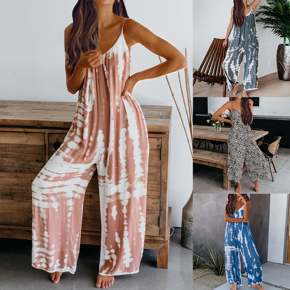 

Women Sleeveless Tie-dye Beach Boho Casual Jumpsuit 2021 Summer Homewear Beach Vacation High Street Romper Overalls Dropshipping