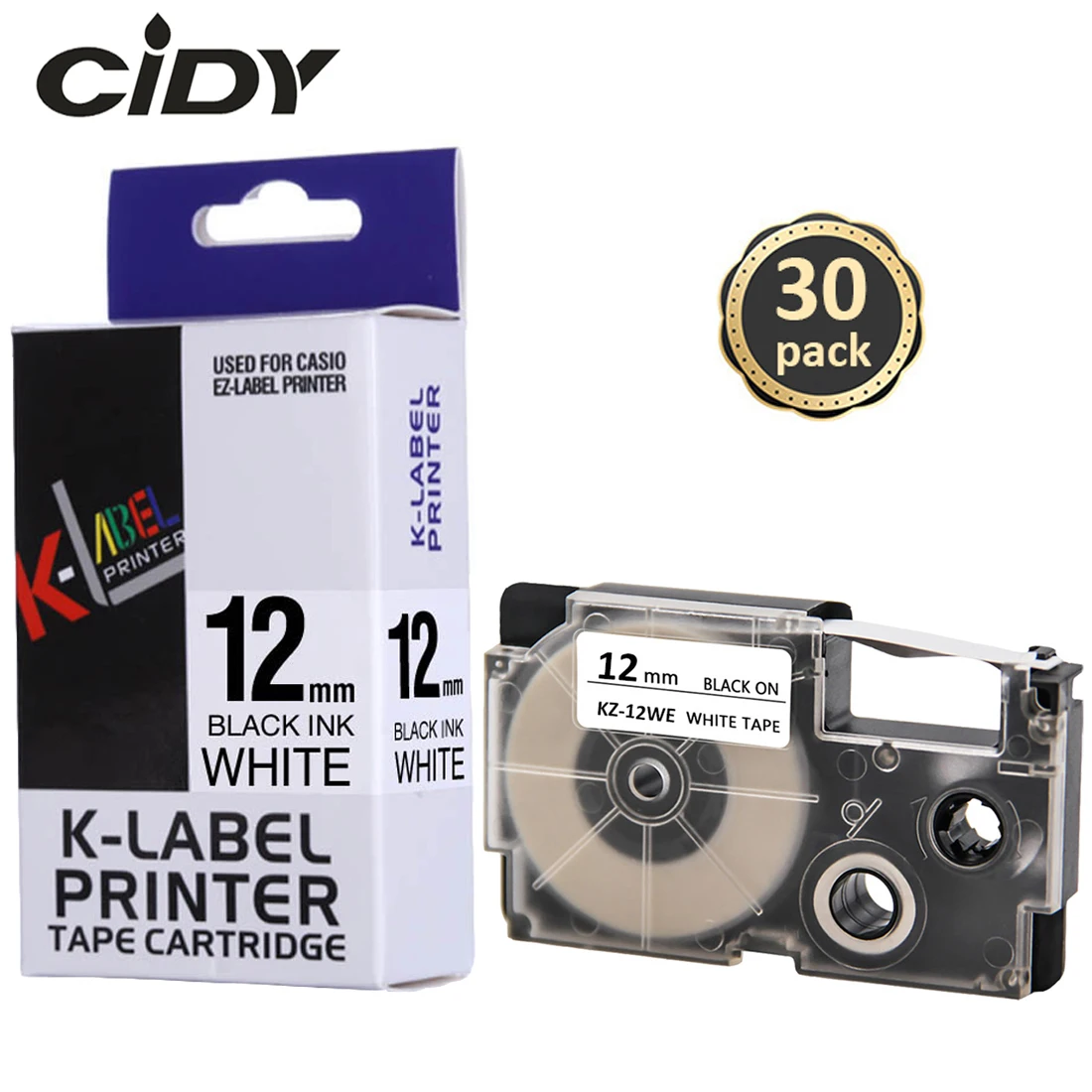 

CIDY 30pcs XR-12WE 12mm black on white Compatible CASIO Label tape for KL-60 KL-60SR KL-120 KL-820 EZ Label Maker