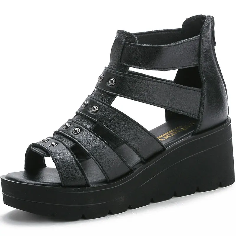 

mouth sandals 2019 summer sandals thick bottom female leather heel muffin female flat bottom