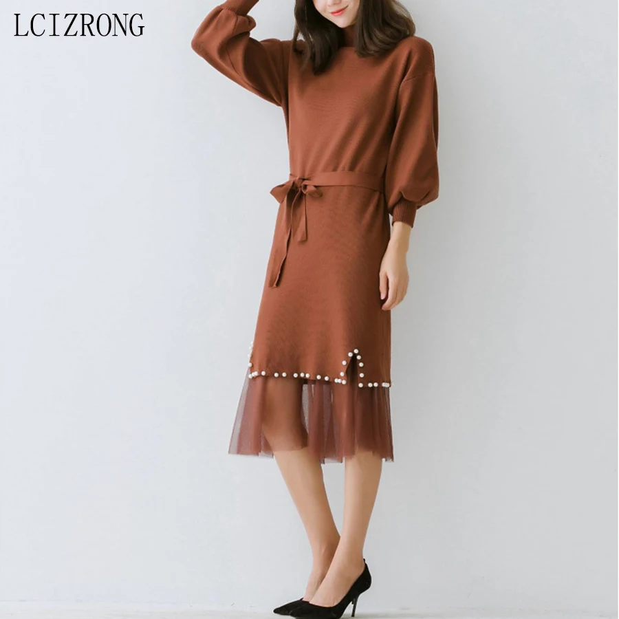 

Fashion Turtleneck Winter Sweater Dress + Mesh Set Women Elegant Ladies Sashes Beading Knitted Dress Loose Warm Midi Dress