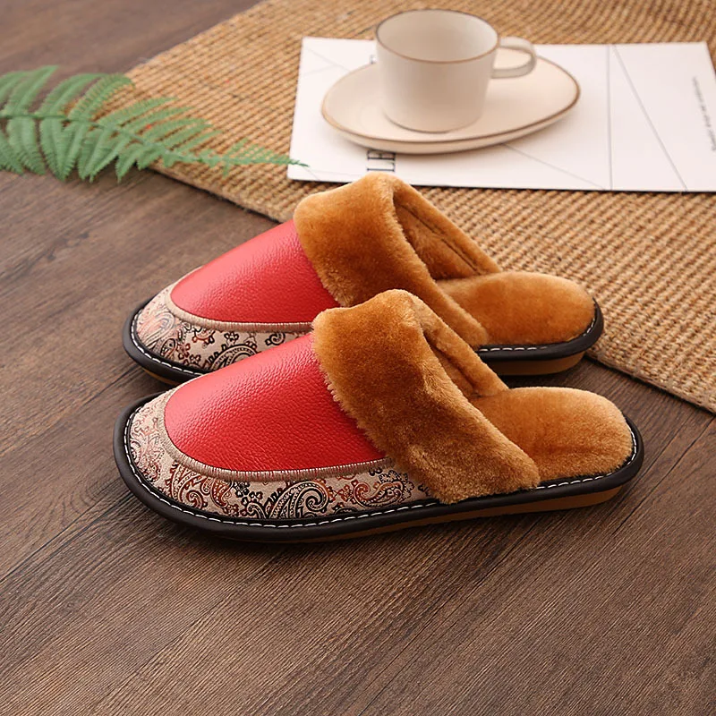 

Big Size for Men's PU Leather Slippers Indoor Waterproof Home Fur Male Couple Flat Women lady Winter Slipper Cotton Shoes