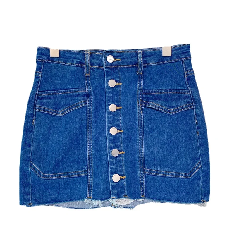 

Package Hip Denim Skirt Women 2021 Summer New Korean Style Slimm Breasted Ripped Tassel Hem High Waist Jean Skirts Lady