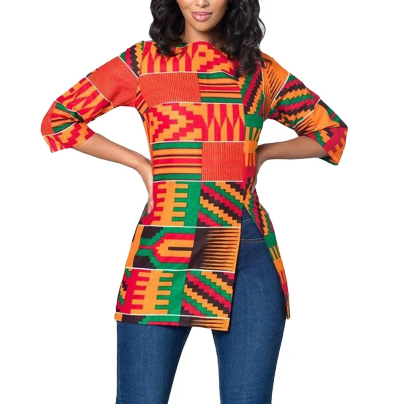 

Summer Women Fashion 3/4 Sleeve Tops Flower Print O-Neck T-Shirt Casual Loose Ladies Split Tee Shirt Drop Drop Hot