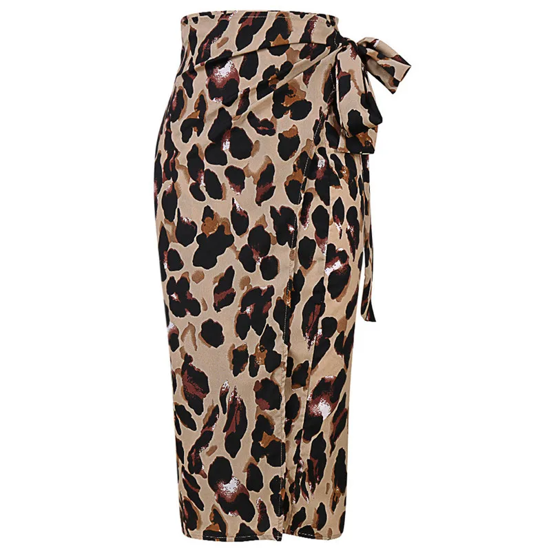 Женская юбка с леопардовым принтом облегающая цельная бантом и вилкой модная