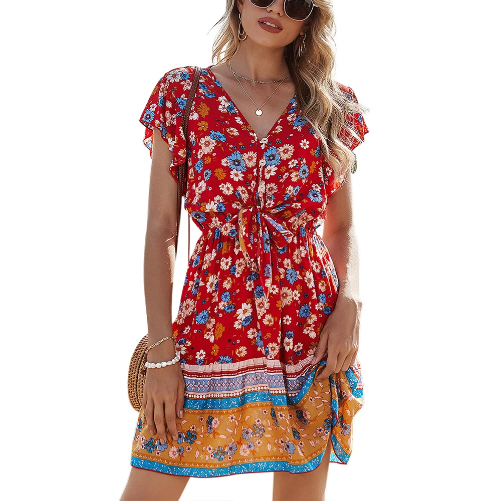 

Womens Casual Summer Short Sleeve V Neck Boho Floral Print Mini Dress Lace Up Short Sundress Vestido Feminino