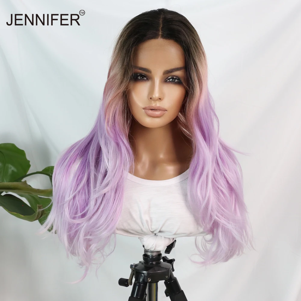 

Synthetic Average Size Wigs For Women Middle Part Lace Long Wavy Hair Omber Purple/Blonde 2 Color High Temperature Fiber