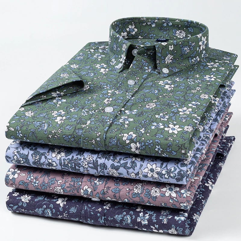 100% Cotton Men's Shirts Short-sleeve Summer Oxford Print Casual Luxury Floral Comfort Soft Slim Fit Single Pocket Plus Size Top