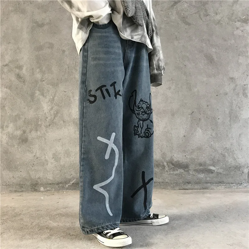 

Harajuku Graffiti Jeans Ins Vintage Denim Wide Leg Pants Cartoon Animal Print Jeans Cotton Loose High Waist Trousers Female