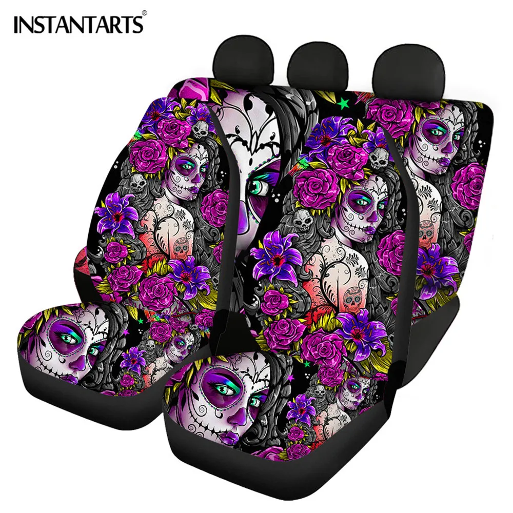

INSTANTARTS Day of the Dead Sugar Skull Design Easy Clean Car Interior Protector Car Seat Covers Stylish Front/Back Seat Cover