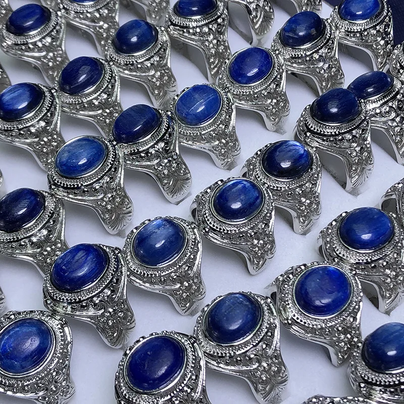 

Natural blue crystal ring men's fashion copper inlaid blue crystal hand decoration Kyanite mens rings wedding rings