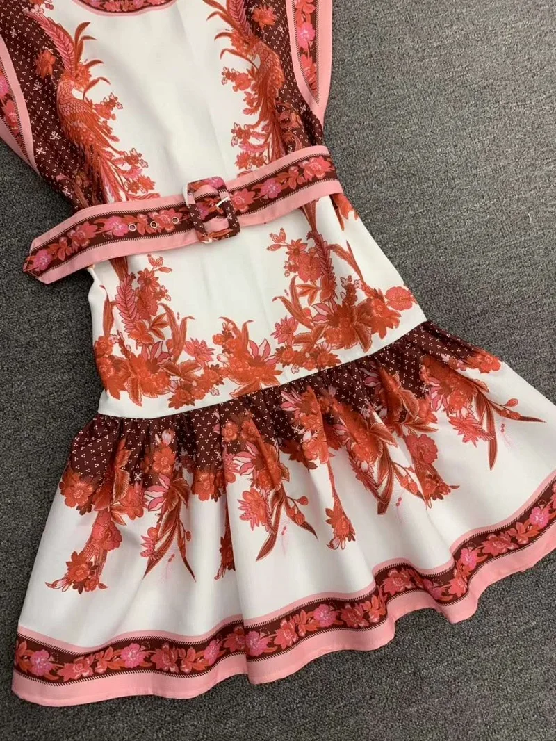 

New Arrival 2020 Summer Style O-Neck Color Block Floral Print Belt Deco Sleeveless Casual Short Party Ladies Dress
