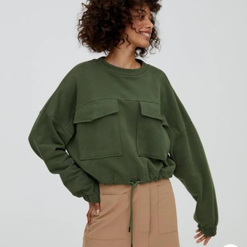 

Double Pocket Army Green Short Sweatshirt Women Drawstring Casual Short Tops Pullovers Loose Long Sleeve 2020 Autumn New Clothes